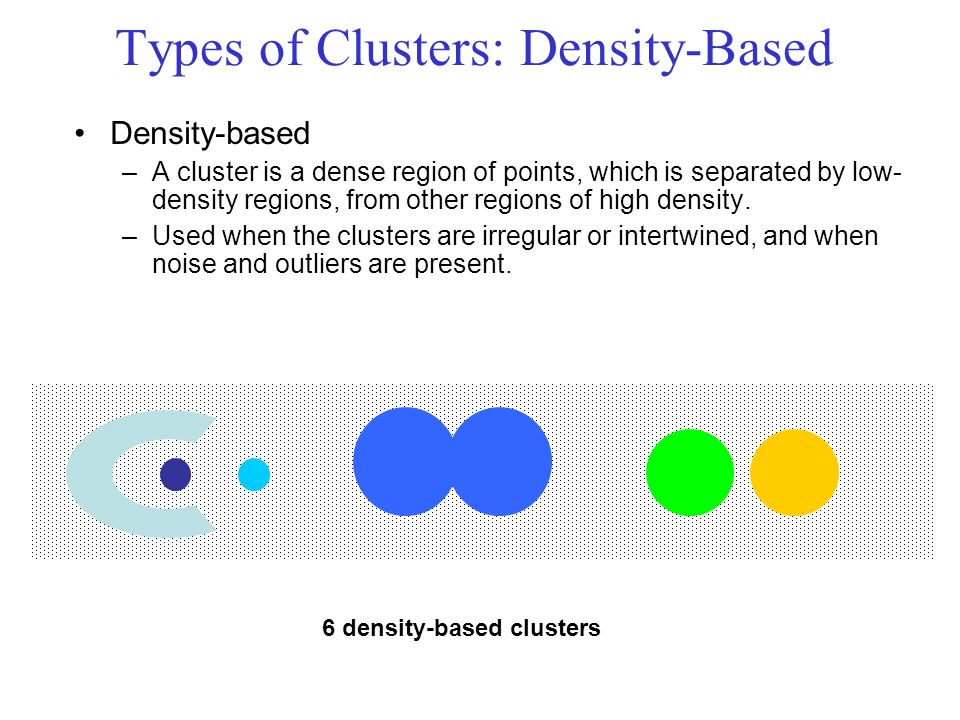 Types of Clusters: Density-Based Density-based –A cluster is a dense region of points, which is separated by low- density regions, from other regions of high density.