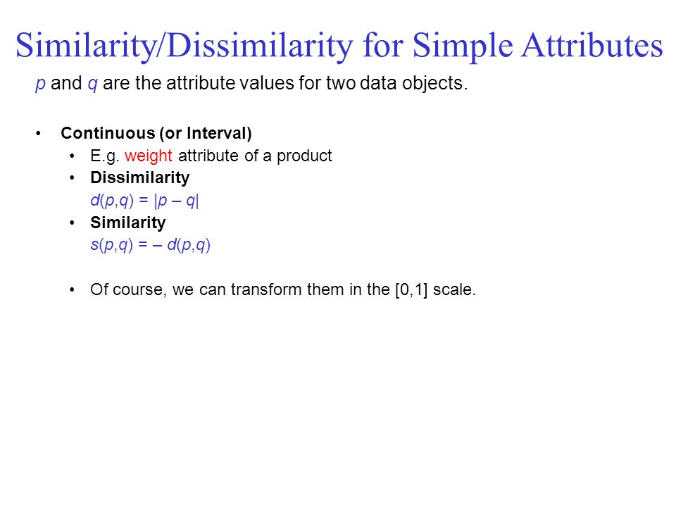 Similarity/Dissimilarity for Simple Attributes p and q are the attribute values for two data objects.