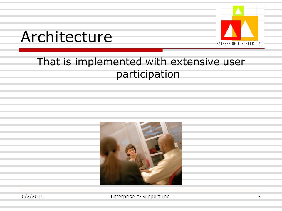 6/2/2015Enterprise e-Support Inc.8 Architecture That is implemented with extensive user participation