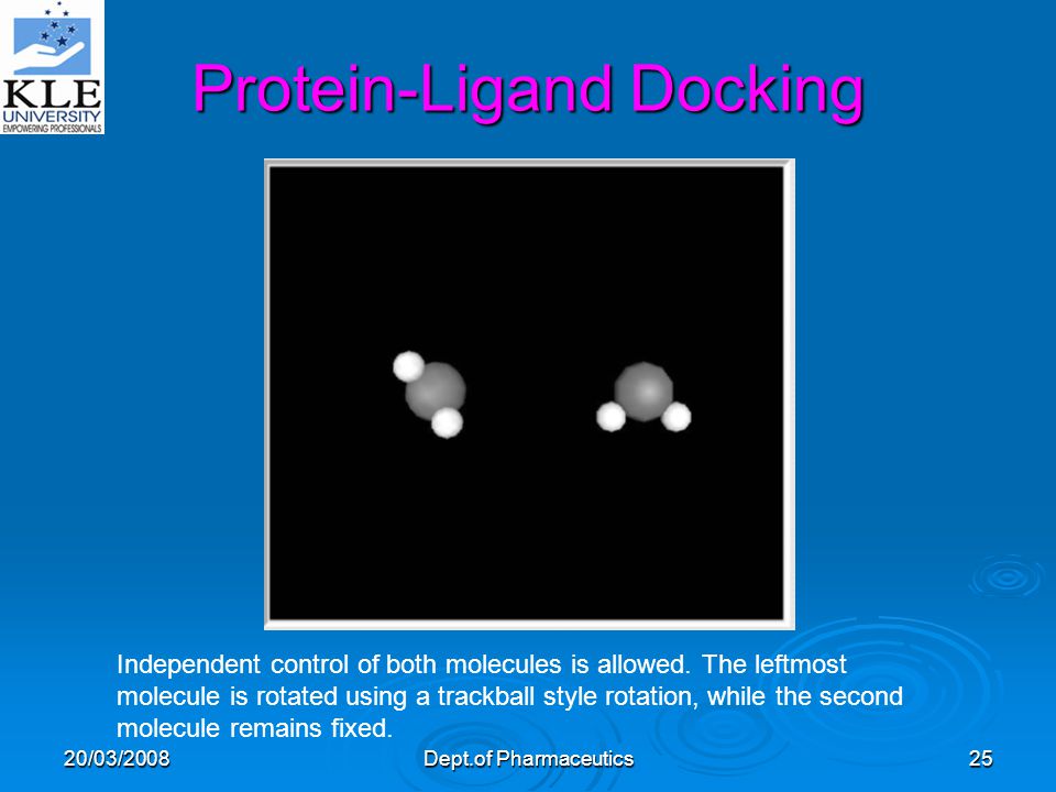 20/03/2008Dept.of Pharmaceutics25 Protein-Ligand Docking Independent control of both molecules is allowed.