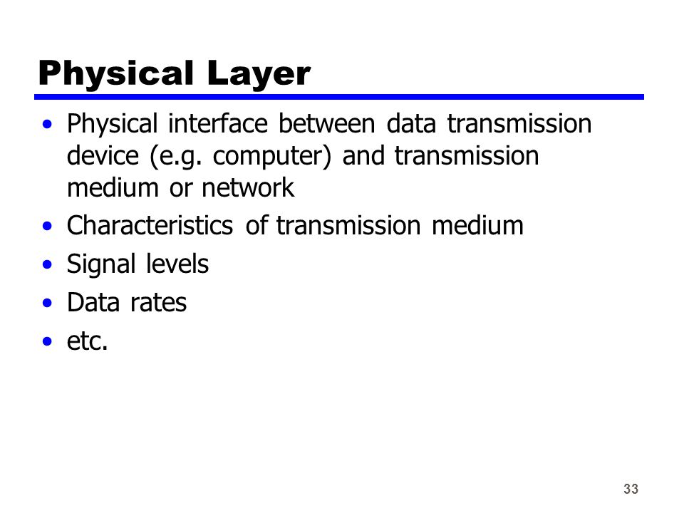 33 Physical Layer Physical interface between data transmission device (e.g.