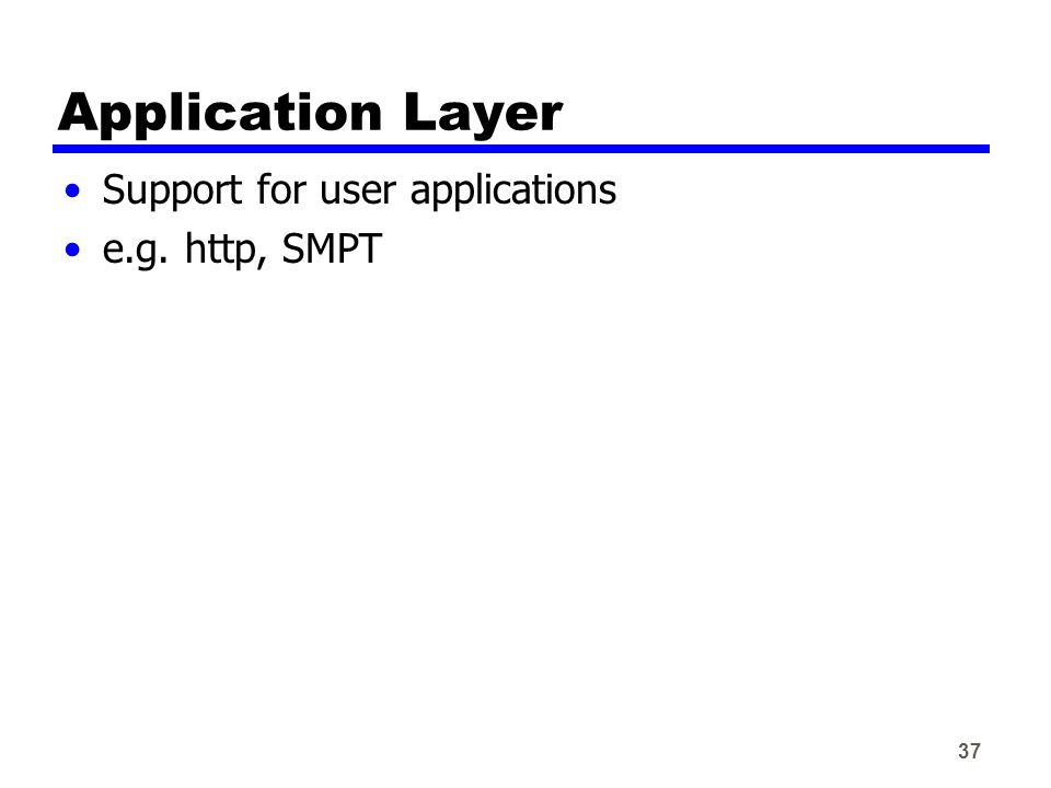 37 Application Layer Support for user applications e.g. http, SMPT