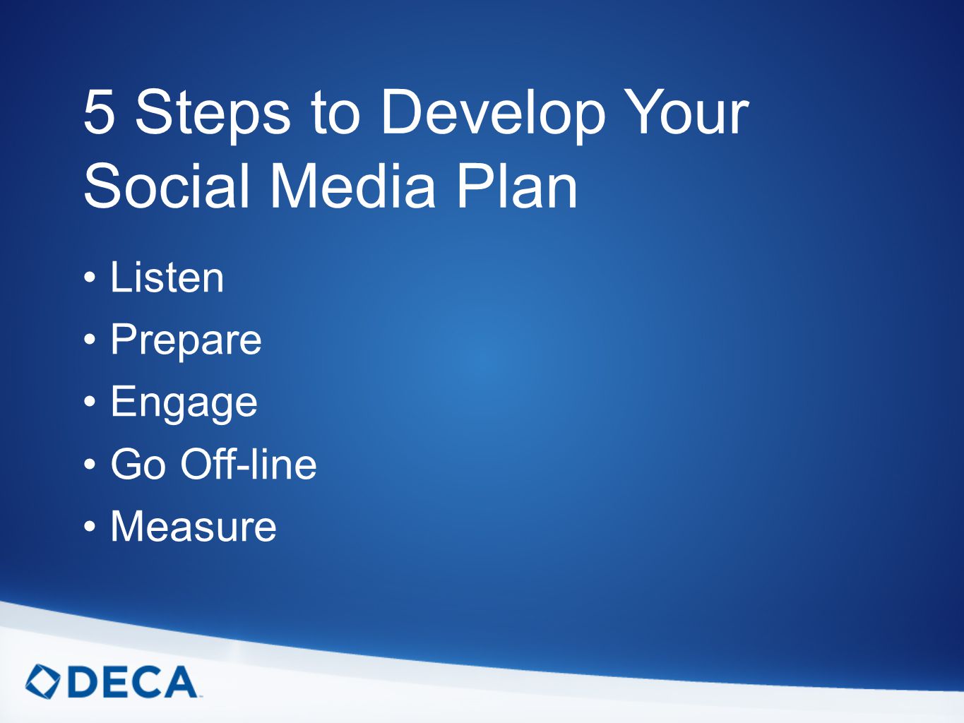 5 Steps to Develop Your Social Media Plan Listen Prepare Engage Go Off-line Measure