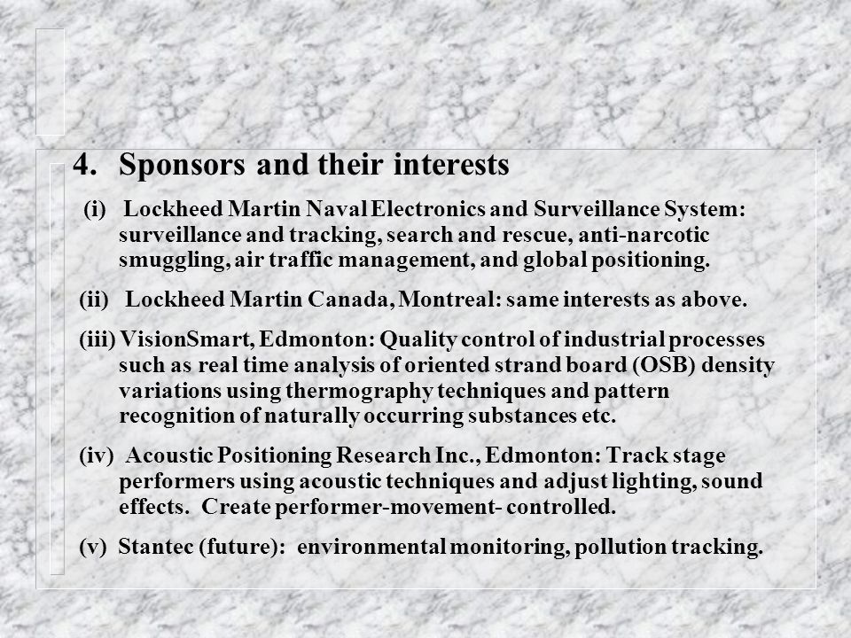 4.Sponsors and their interests (i) Lockheed Martin Naval Electronics and Surveillance System: surveillance and tracking, search and rescue, anti-narcotic smuggling, air traffic management, and global positioning.