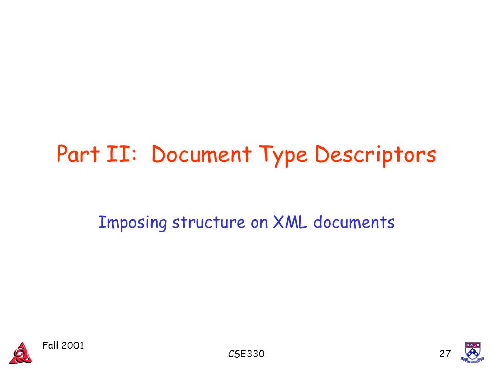 Fall 2001 CSE33027 Part II: Document Type Descriptors Imposing structure on XML documents