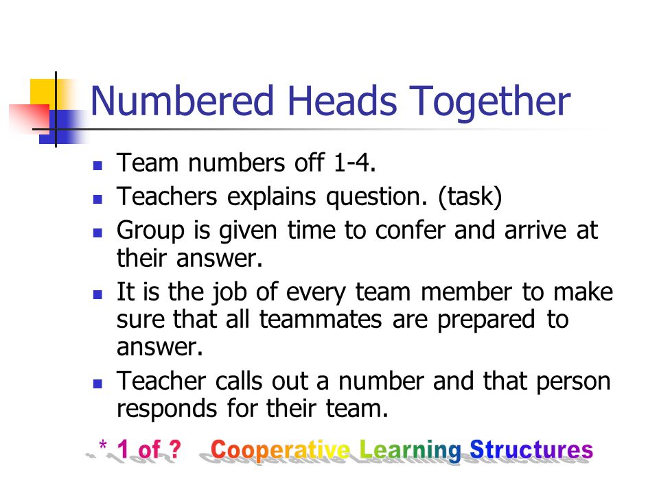 Numbered Heads Together Team numbers off 1-4. Teachers explains question.