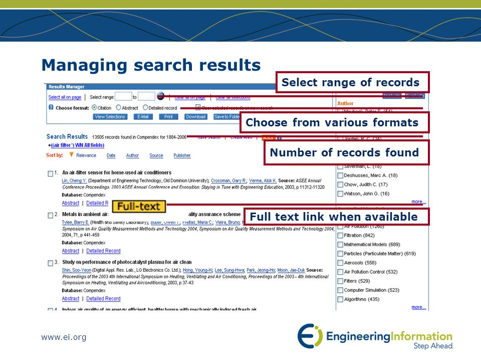 Managing search results Select range of records Choose from various formats Number of records found Full text link when available