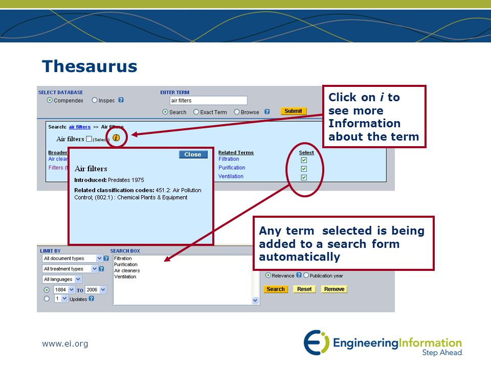 Thesaurus Click on i to see more Information about the term Any term selected is being added to a search form automatically