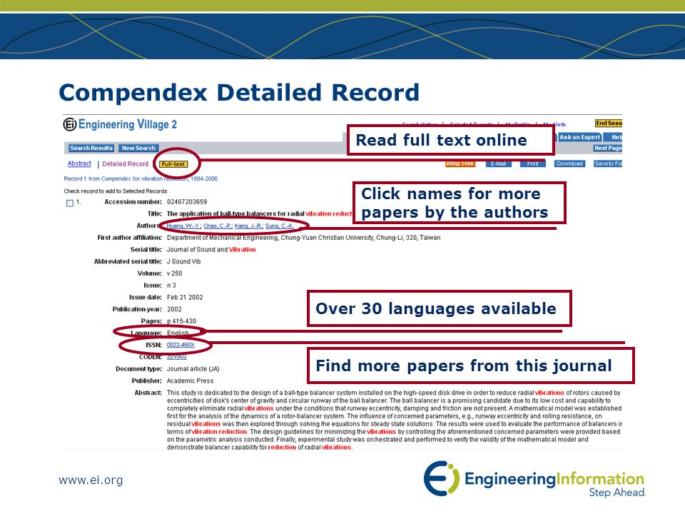 Compendex Detailed Record Read full text online Click names for more papers by the authors Over 30 languages available Find more papers from this journal