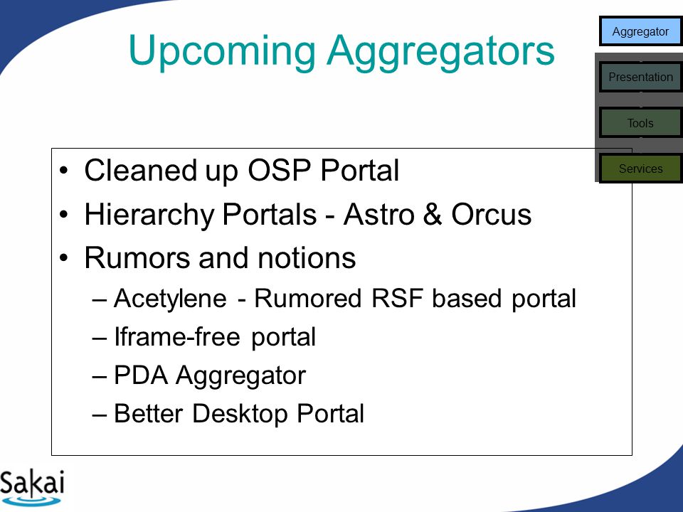 Cleaned up OSP Portal Hierarchy Portals - Astro & Orcus Rumors and notions –Acetylene - Rumored RSF based portal –Iframe-free portal –PDA Aggregator –Better Desktop Portal Aggregator Presentation Tools Services Upcoming Aggregators