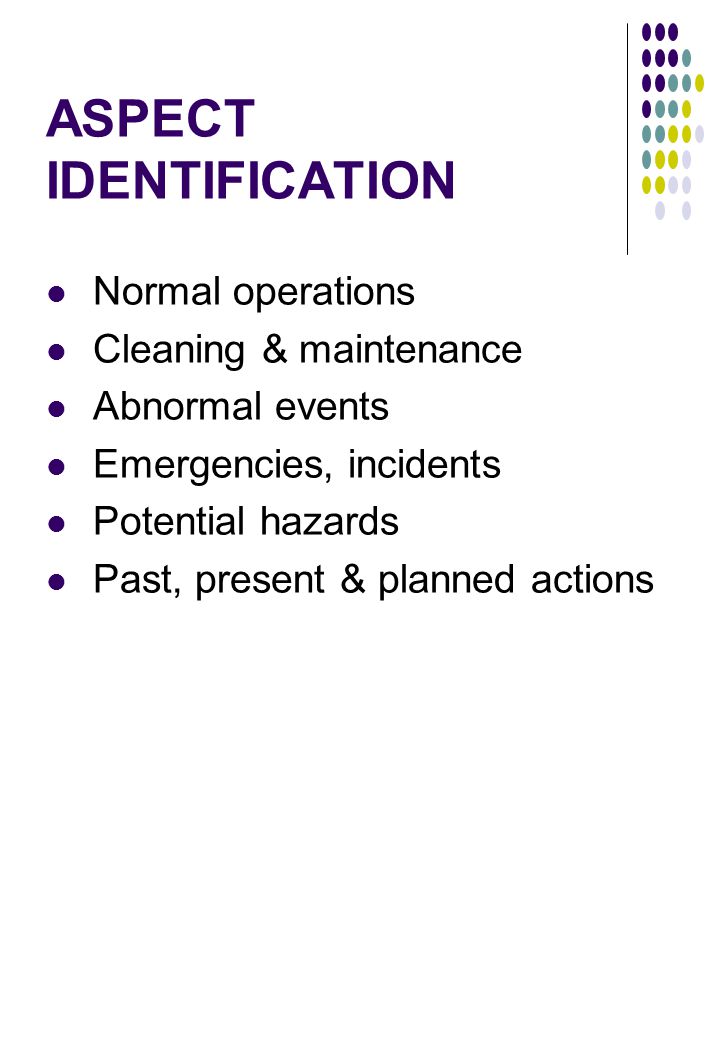 ASPECT IDENTIFICATION Normal operations Cleaning & maintenance Abnormal events Emergencies, incidents Potential hazards Past, present & planned actions