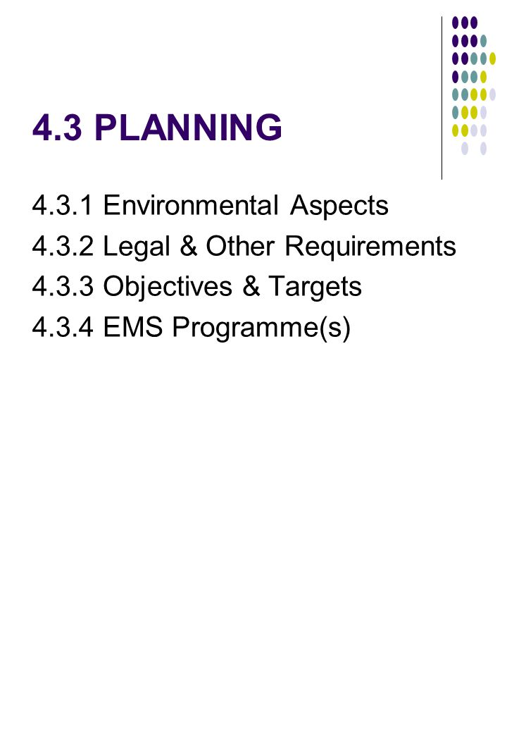4.3 PLANNING Environmental Aspects Legal & Other Requirements Objectives & Targets EMS Programme(s)