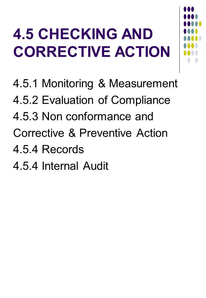 4.5 CHECKING AND CORRECTIVE ACTION Monitoring & Measurement Evaluation of Compliance Non conformance and Corrective & Preventive Action Records Internal Audit