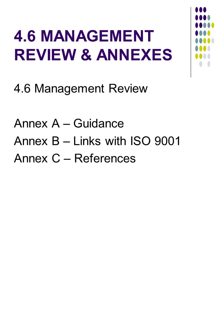 4.6 MANAGEMENT REVIEW & ANNEXES 4.6 Management Review Annex A – Guidance Annex B – Links with ISO 9001 Annex C – References