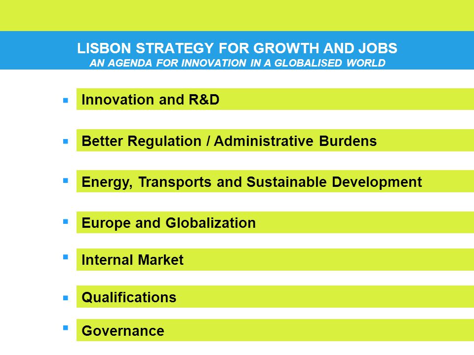 LISBON STRATEGY FOR GROWTH AND JOBS AN AGENDA FOR INNOVATION IN A GLOBALISED WORLD Innovation and R&D Better Regulation / Administrative Burdens Energy, Transports and Sustainable Development Qualifications Europe and Globalization....