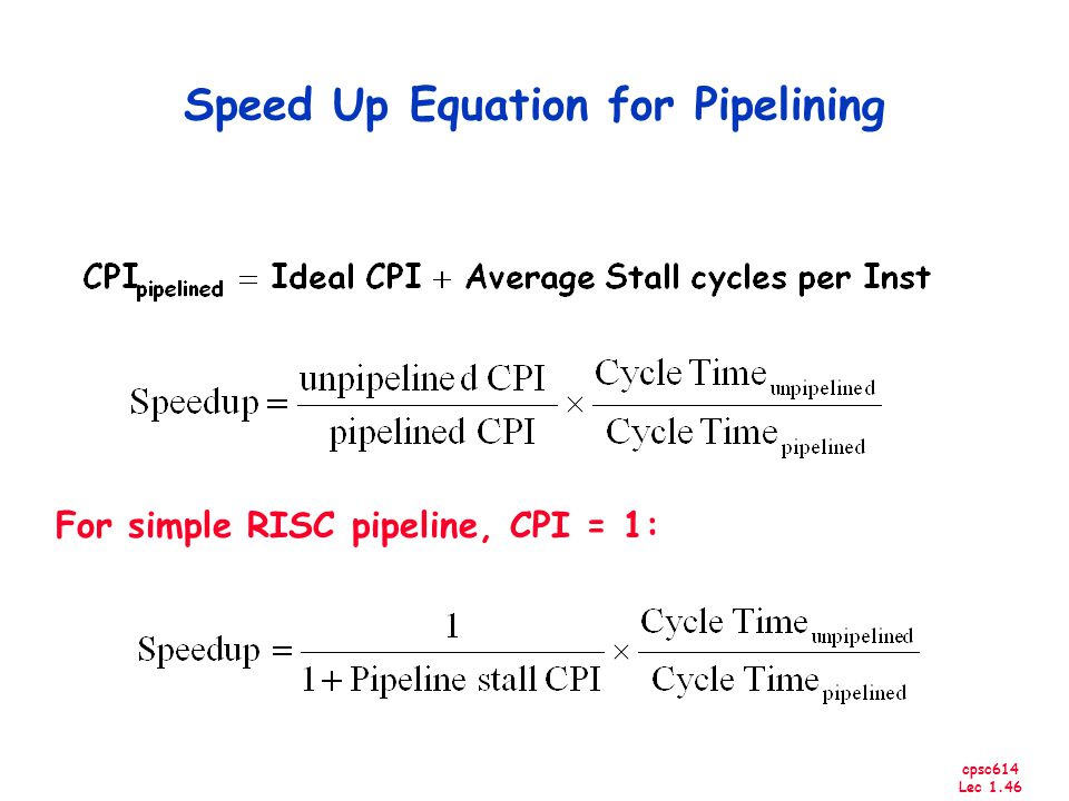 cpsc614 Lec 1.46 Speed Up Equation for Pipelining For simple RISC pipeline, CPI = 1: