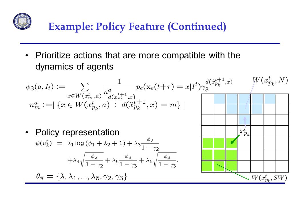 Prioritize actions that are more compatible with the dynamics of agents Policy representation Example: Policy Feature (Continued)