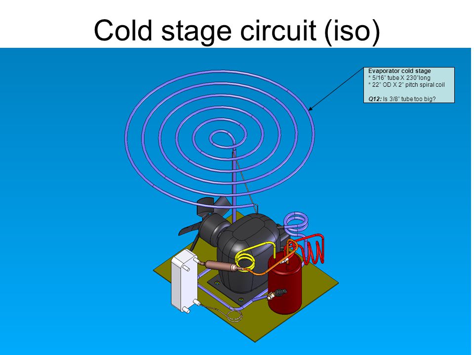Cold stage circuit (iso) Evaporator cold stage * 5/16 tube X 230 long * 22 OD X 2 pitch spiral coil Q12: Is 3/8 tube too big