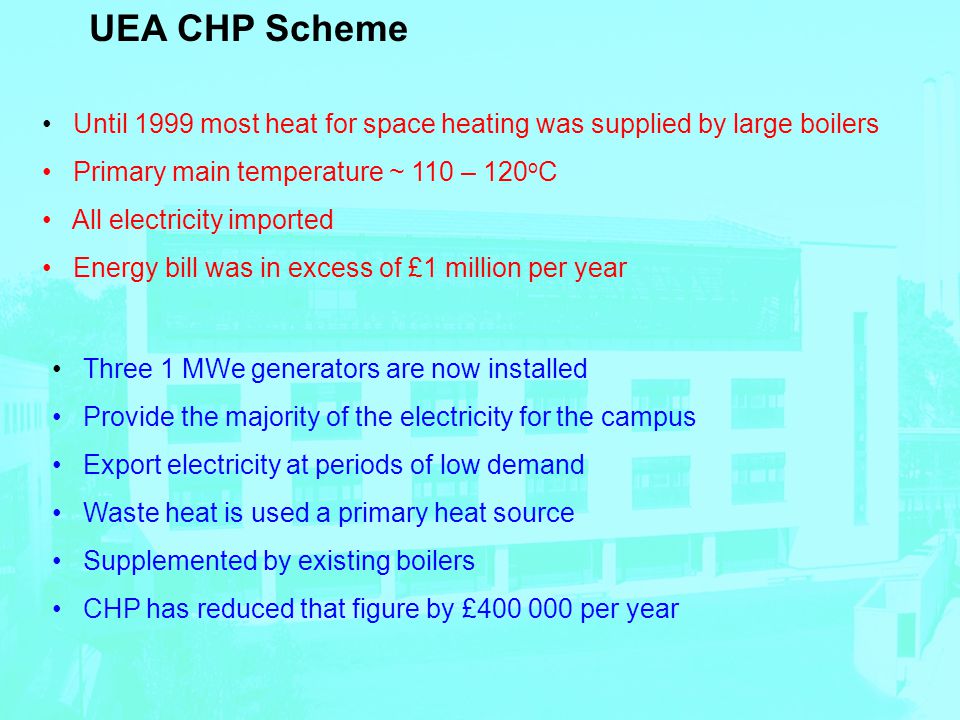 UEA CHP Scheme Until 1999 most heat for space heating was supplied by large boilers Primary main temperature ~ 110 – 120 o C All electricity imported Energy bill was in excess of £1 million per year Three 1 MWe generators are now installed Provide the majority of the electricity for the campus Export electricity at periods of low demand Waste heat is used a primary heat source Supplemented by existing boilers CHP has reduced that figure by £ per year