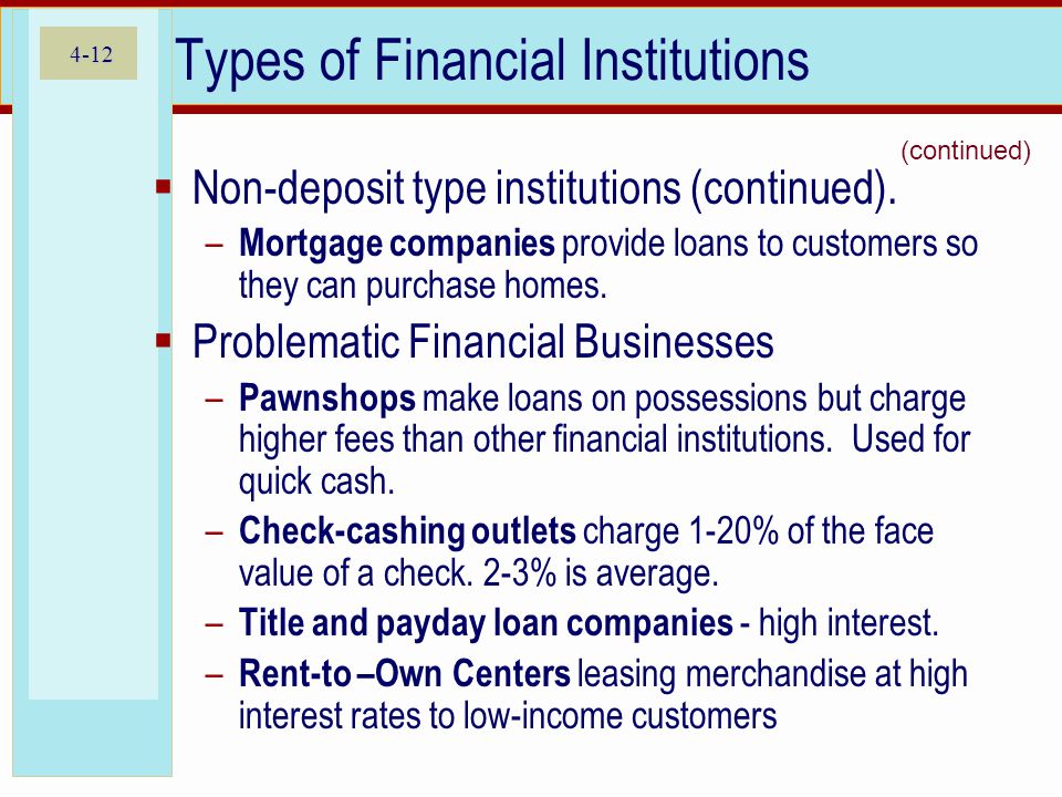4-12 Types of Financial Institutions  Non-deposit type institutions (continued).
