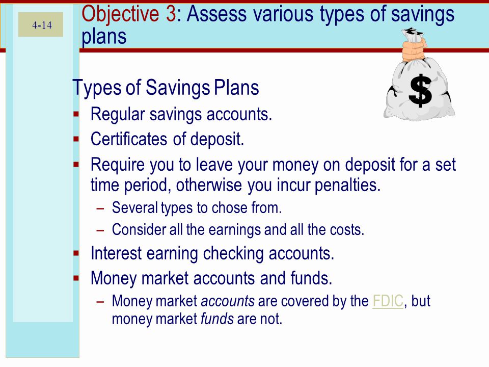4-14 Objective 3: Assess various types of savings plans Types of Savings Plans  Regular savings accounts.
