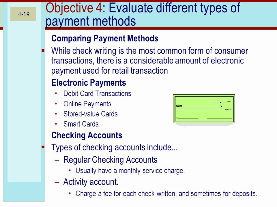 4-19 Objective 4: Evaluate different types of payment methods Comparing Payment Methods  While check writing is the most common form of consumer transactions, there is a considerable amount of electronic payment used for retail transaction Electronic Payments Debit Card Transactions Online Payments Stored-value Cards Smart Cards Checking Accounts  Types of checking accounts include...