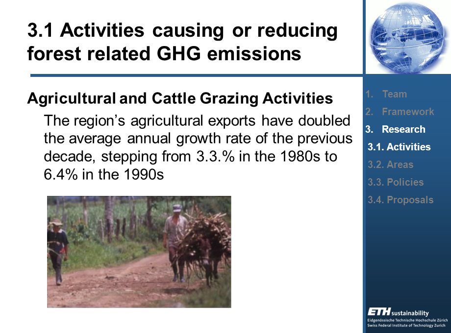 3.1 Activities causing or reducing forest related GHG emissions Agricultural and Cattle Grazing Activities The region’s agricultural exports have doubled the average annual growth rate of the previous decade, stepping from 3.3.% in the 1980s to 6.4% in the 1990s 1.Team 2.Framework 3.Research 3.1.
