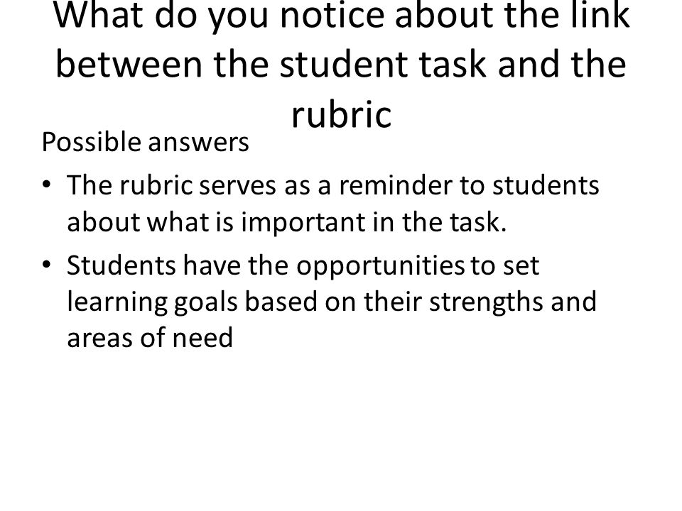 What do you notice about the link between the student task and the rubric Possible answers The rubric serves as a reminder to students about what is important in the task.