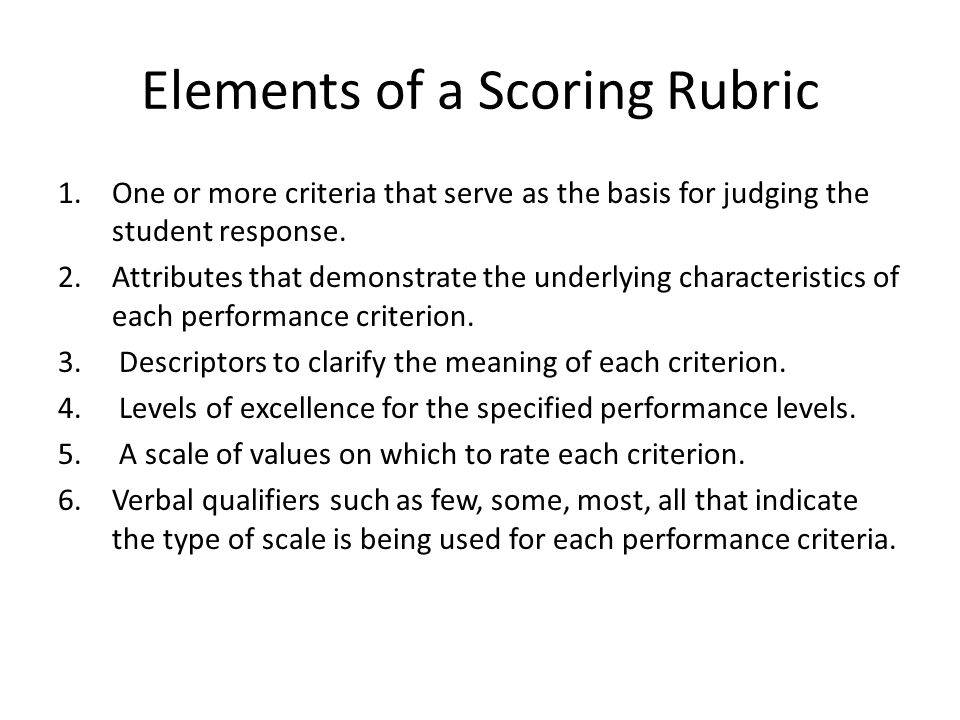 Elements of a Scoring Rubric 1.One or more criteria that serve as the basis for judging the student response.