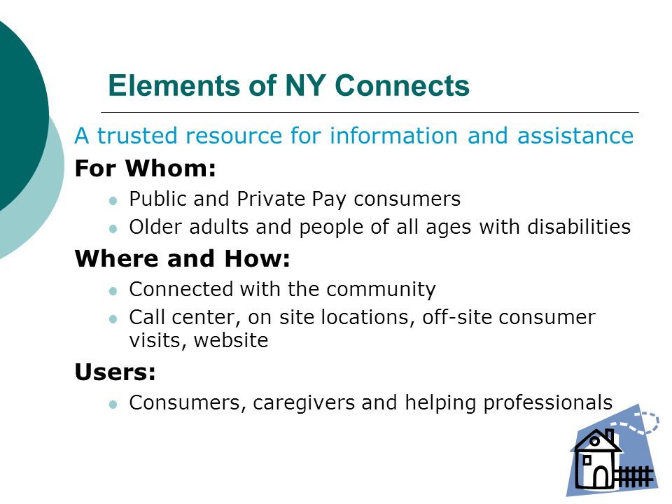 Elements of NY Connects A trusted resource for information and assistance For Whom: Public and Private Pay consumers Older adults and people of all ages with disabilities Where and How: Connected with the community Call center, on site locations, off-site consumer visits, website Users: Consumers, caregivers and helping professionals