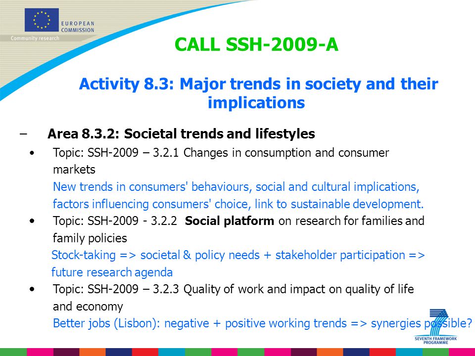 CALL SSH-2009-A Activity 8.3: Major trends in society and their implications –Area 8.3.2: Societal trends and lifestyles Topic: SSH-2009 – Changes in consumption and consumer markets New trends in consumers behaviours, social and cultural implications, factors influencing consumers choice, link to sustainable development.