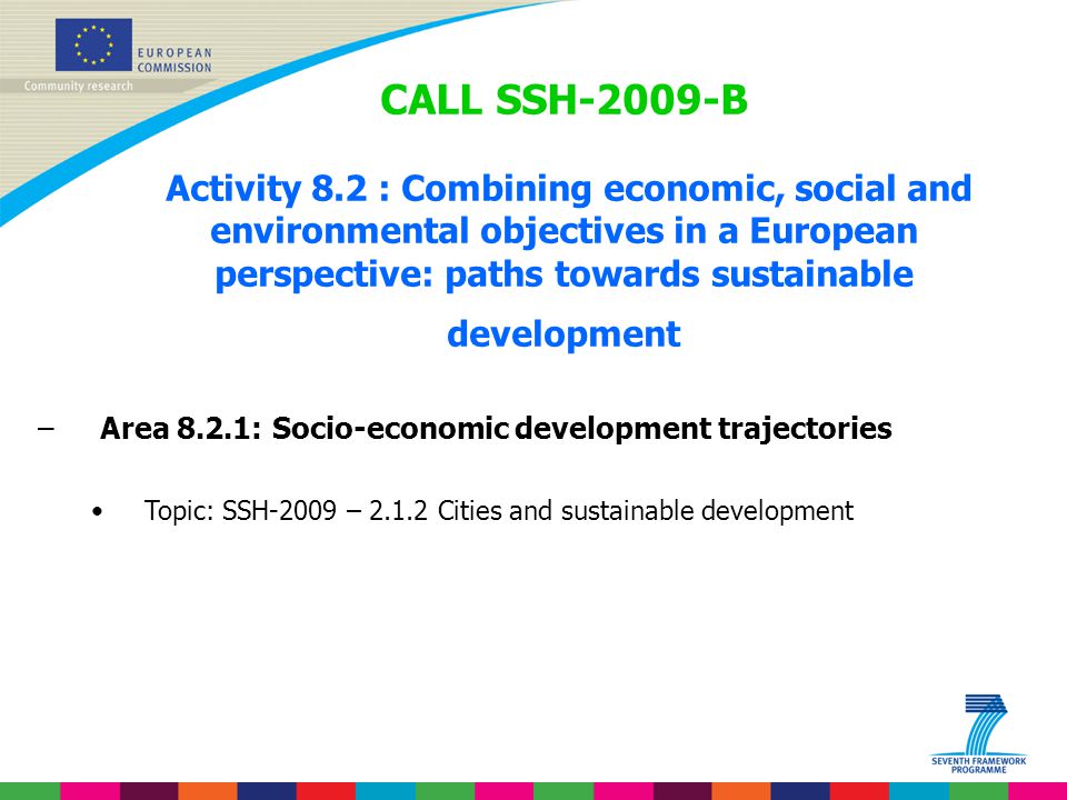 CALL SSH-2009-B Activity 8.2 : Combining economic, social and environmental objectives in a European perspective: paths towards sustainable development –Area 8.2.1: Socio-economic development trajectories Topic: SSH-2009 – Cities and sustainable development