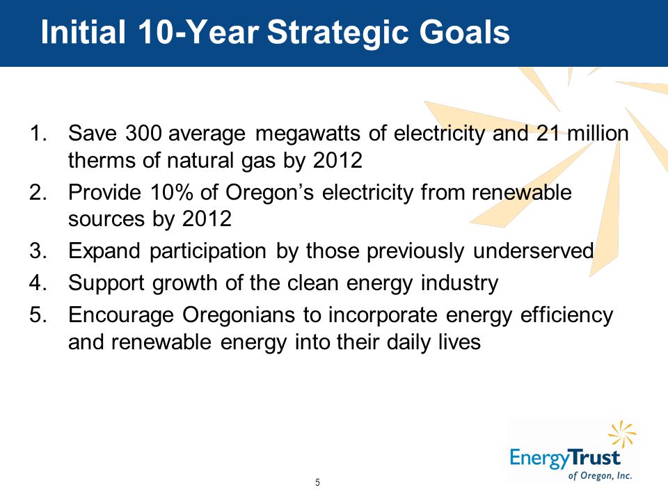 5 Initial 10-Year Strategic Goals 1.Save 300 average megawatts of electricity and 21 million therms of natural gas by Provide 10% of Oregon’s electricity from renewable sources by Expand participation by those previously underserved 4.Support growth of the clean energy industry 5.Encourage Oregonians to incorporate energy efficiency and renewable energy into their daily lives