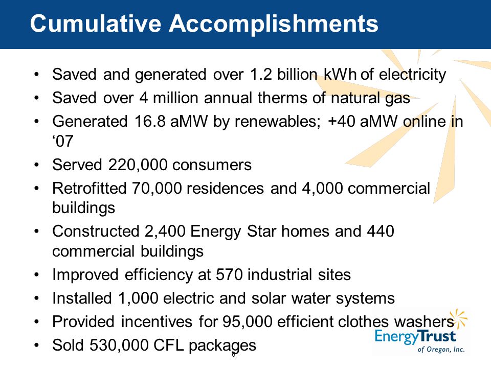 6 Cumulative Accomplishments Saved and generated over 1.2 billion kWh of electricity Saved over 4 million annual therms of natural gas Generated 16.8 aMW by renewables; +40 aMW online in ‘07 Served 220,000 consumers Retrofitted 70,000 residences and 4,000 commercial buildings Constructed 2,400 Energy Star homes and 440 commercial buildings Improved efficiency at 570 industrial sites Installed 1,000 electric and solar water systems Provided incentives for 95,000 efficient clothes washers Sold 530,000 CFL packages