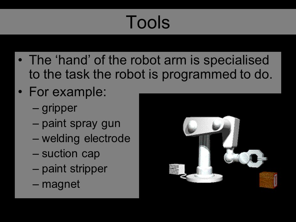 Anatomy of Robot Arm Some robots have parts that resemble human limbs Elbow Shoulder Wrist Waist Tool