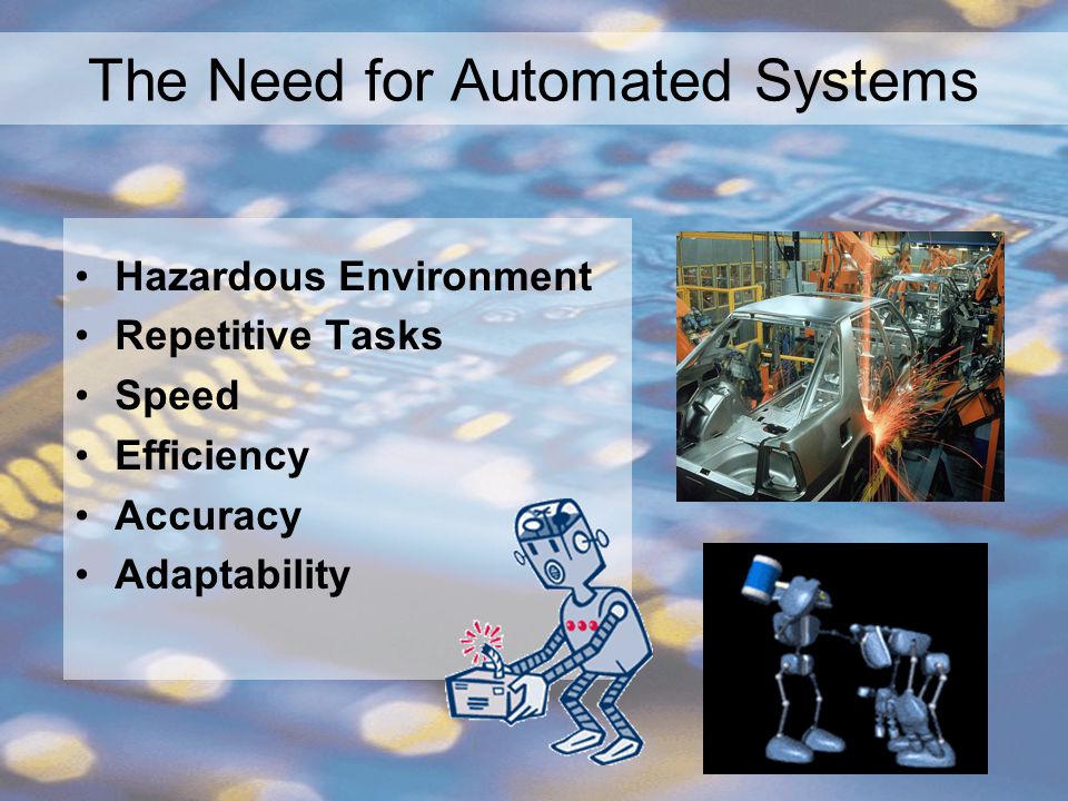 Types of Automated System Everyday automated systems: –Toaster, washing machine, fridge, etc Robots: –Arms –Mobile