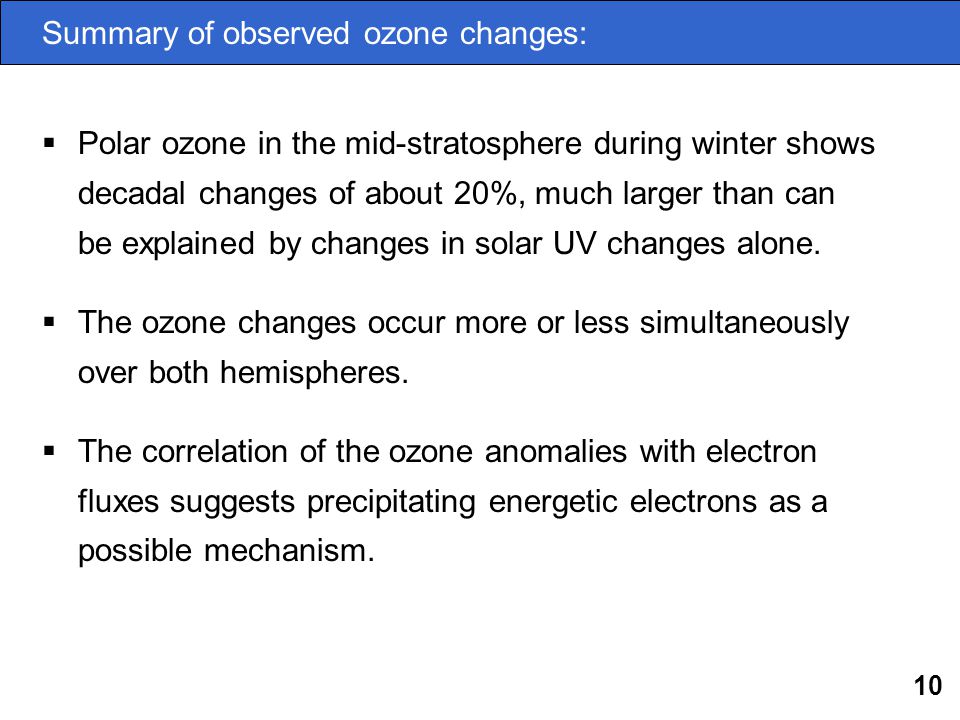 10 Summary of observed ozone changes:  Polar ozone in the mid-stratosphere during winter shows decadal changes of about 20%, much larger than can be explained by changes in solar UV changes alone.