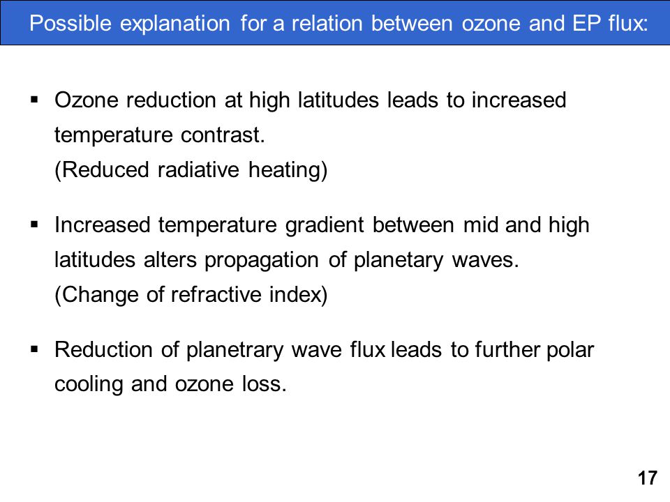 17 Possible explanation for a relation between ozone and EP flux:  Ozone reduction at high latitudes leads to increased temperature contrast.