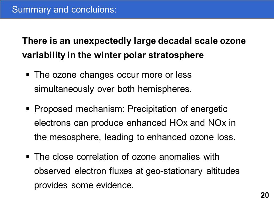20 Summary and concluions: There is an unexpectedly large decadal scale ozone variability in the winter polar stratosphere  The ozone changes occur more or less simultaneously over both hemispheres.