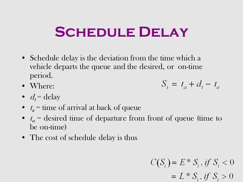 Delay Expected delay Cost of delay where: D = delay penalty Q t = standing queue at time t A t = arrivals at time t.