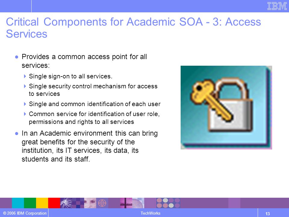 © 2006 IBM Corporation TechWorks 13 Critical Components for Academic SOA - 3: Access Services ●Provides a common access point for all services:  Single sign-on to all services.