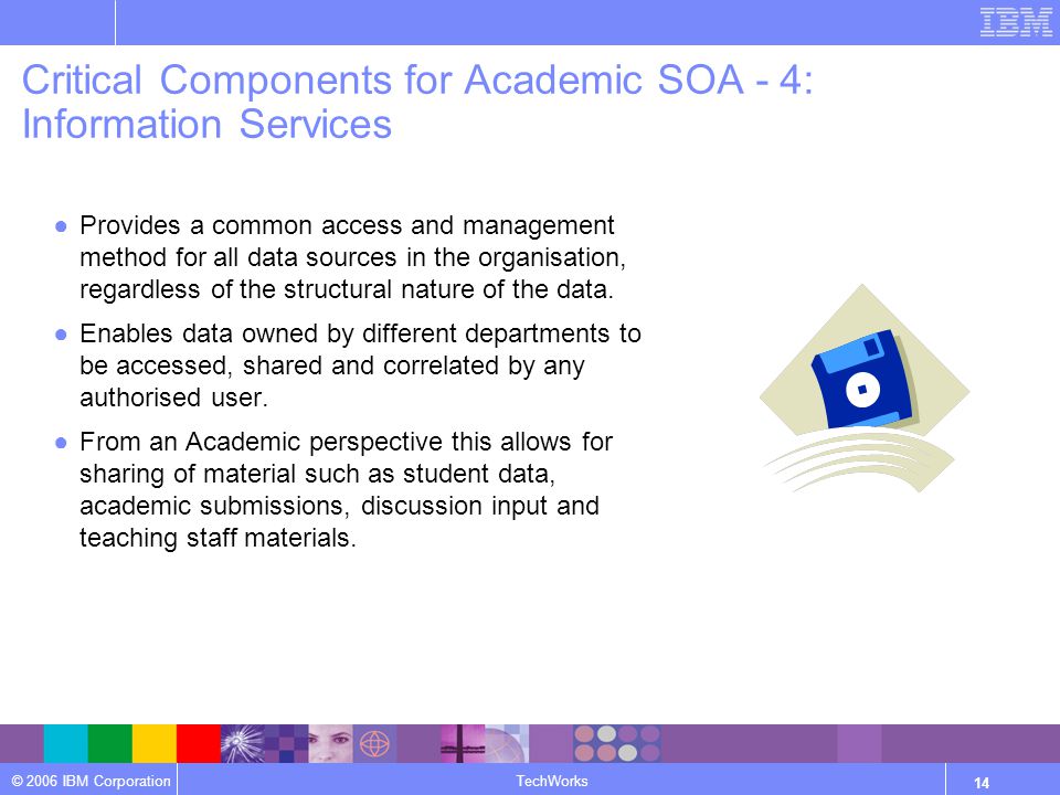© 2006 IBM Corporation TechWorks 14 Critical Components for Academic SOA - 4: Information Services ●Provides a common access and management method for all data sources in the organisation, regardless of the structural nature of the data.