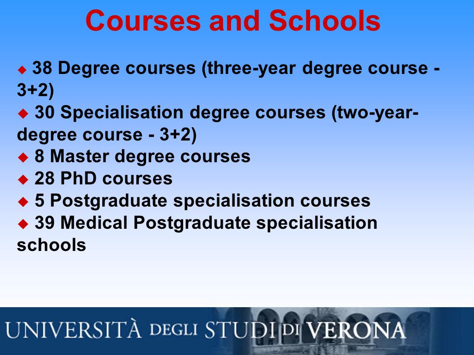 Courses and Schools  38 Degree courses (three-year degree course - 3+2)  30 Specialisation degree courses (two-year- degree course - 3+2)  8 Master degree courses  28 PhD courses  5 Postgraduate specialisation courses  39 Medical Postgraduate specialisation schools