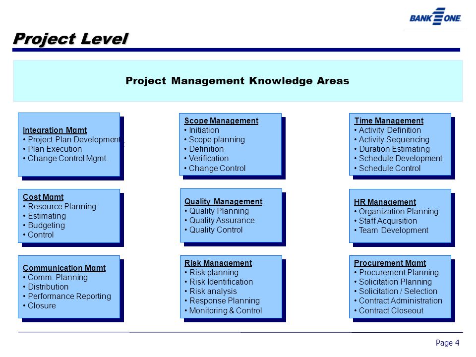Page 4 Project Level Project Management Knowledge Areas Integration Mgmt Project Plan Development Plan Execution Change Control Mgmt.