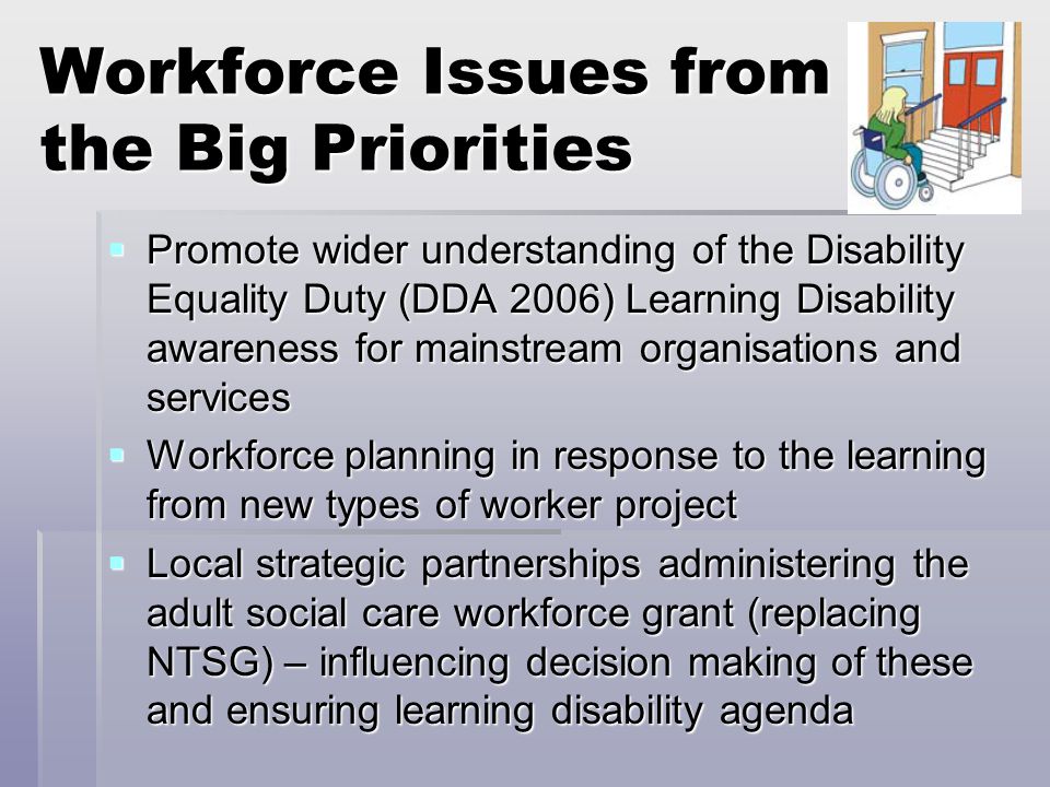 Workforce Issues from the Big Priorities  Promote wider understanding of the Disability Equality Duty (DDA 2006) Learning Disability awareness for mainstream organisations and services  Workforce planning in response to the learning from new types of worker project  Local strategic partnerships administering the adult social care workforce grant (replacing NTSG) – influencing decision making of these and ensuring learning disability agenda