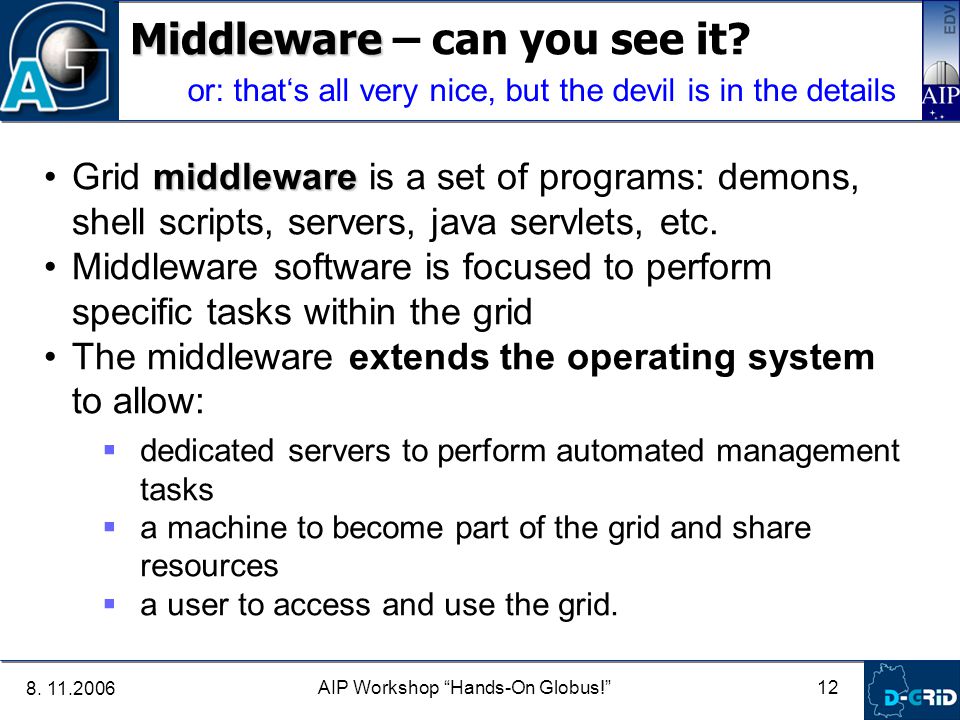 12 AIP Workshop Hands-On Globus! Middleware Middleware – can you see it.