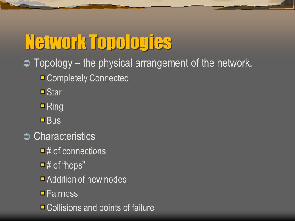 Network Topologies  Topology – the physical arrangement of the network.
