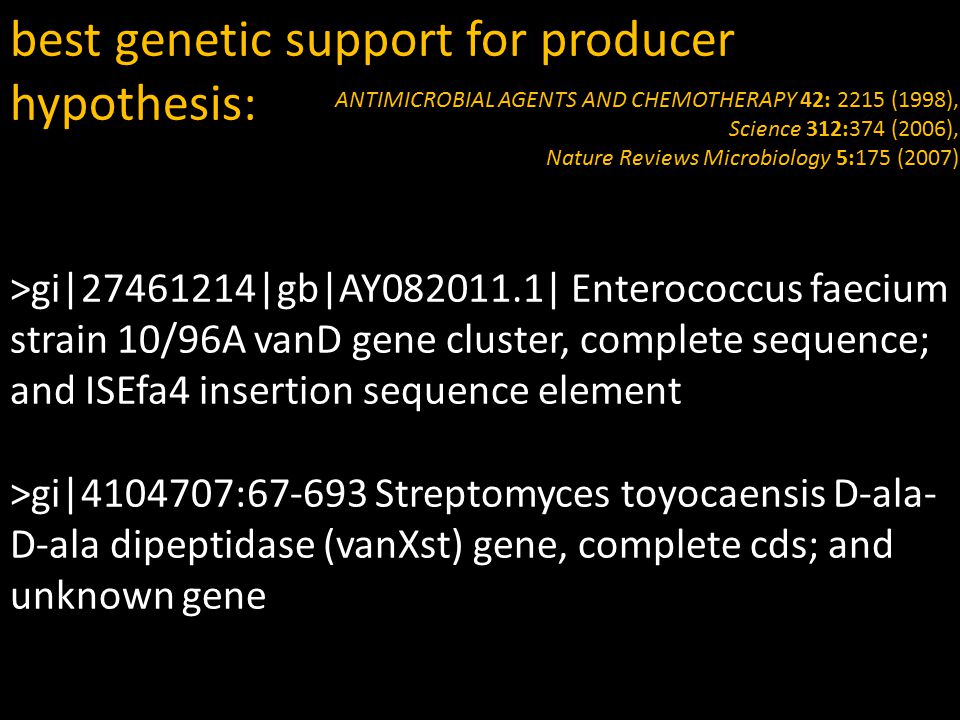best genetic support for producer hypothesis: >gi| |gb|AY | Enterococcus faecium strain 10/96A vanD gene cluster, complete sequence; and ISEfa4 insertion sequence element >gi| : Streptomyces toyocaensis D-ala- D-ala dipeptidase (vanXst) gene, complete cds; and unknown gene ANTIMICROBIAL AGENTS AND CHEMOTHERAPY 42: 2215 (1998), Science 312:374 (2006), Nature Reviews Microbiology 5:175 (2007)