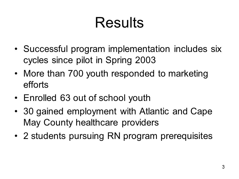 3 Results Successful program implementation includes six cycles since pilot in Spring 2003 More than 700 youth responded to marketing efforts Enrolled 63 out of school youth 30 gained employment with Atlantic and Cape May County healthcare providers 2 students pursuing RN program prerequisites