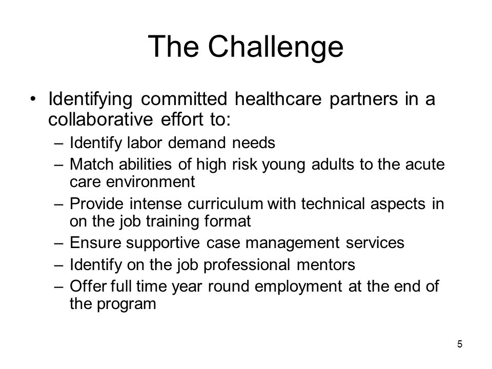 5 The Challenge Identifying committed healthcare partners in a collaborative effort to: –Identify labor demand needs –Match abilities of high risk young adults to the acute care environment –Provide intense curriculum with technical aspects in on the job training format –Ensure supportive case management services –Identify on the job professional mentors –Offer full time year round employment at the end of the program